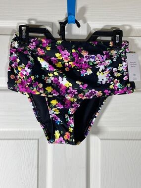 Lands' End Black Floral High-Waist Bikini Bottoms